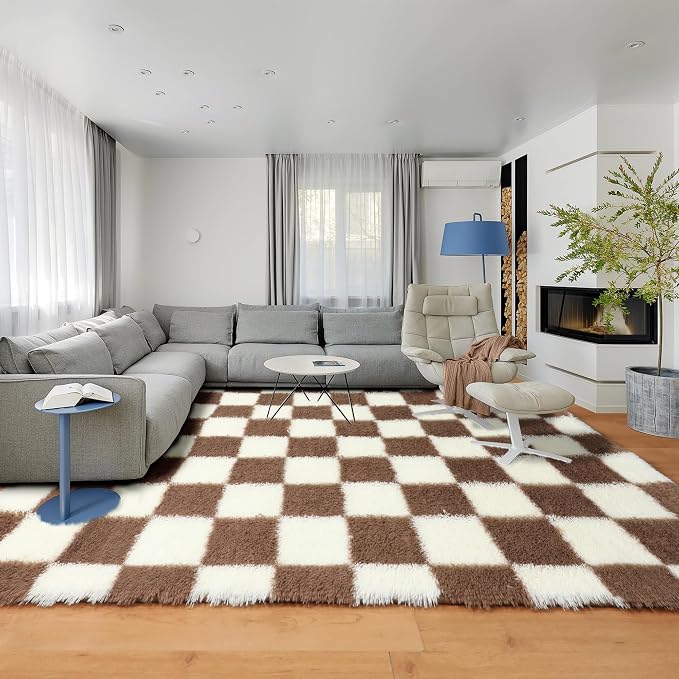 KICMOR Living Room Rug 5x8 Brown and Cream White, Large Fluffy Shag Fuzzy - Image 7