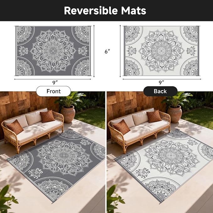 Pauwer Waterproof Outdoor Rug 6x9, Reversible Plastic Straw Patio Camping Rug - Image 2