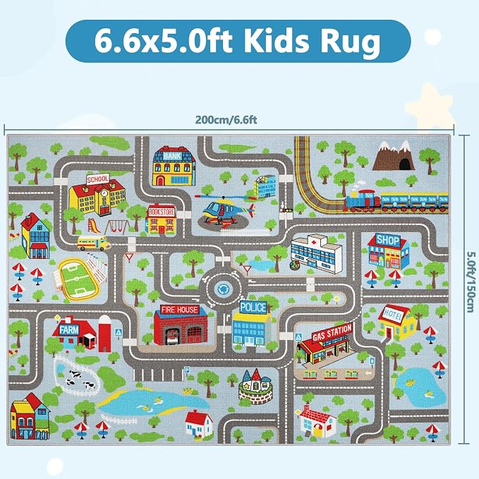 Capslpad Kids Rug Educational Play Rug 6.6' x 5' Traffic Road Kids Car Mat - Image 2
