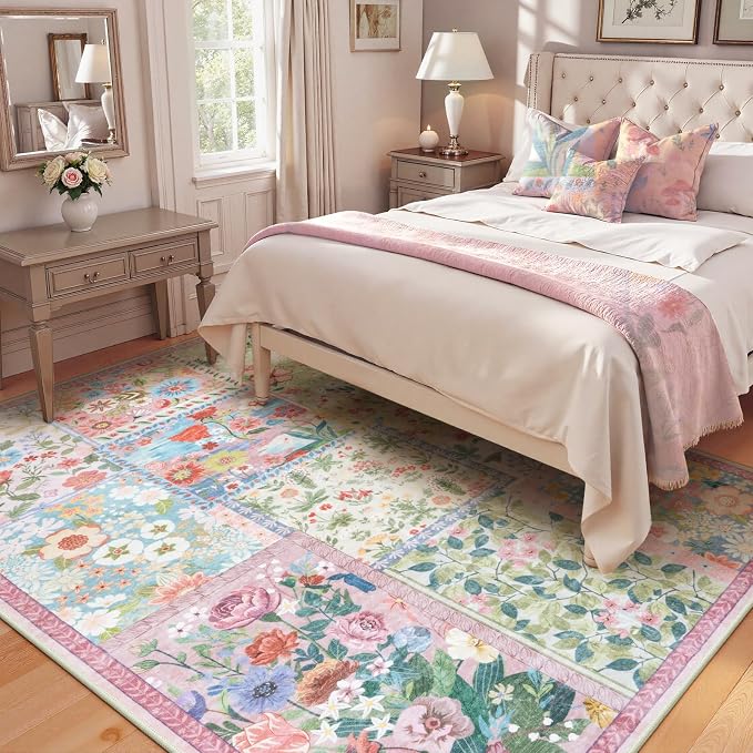LIVEBOX 5 x 7 Pink Rugs for Bedroom Girls, Soft Patchwork Pink Rug for Living - Image 3