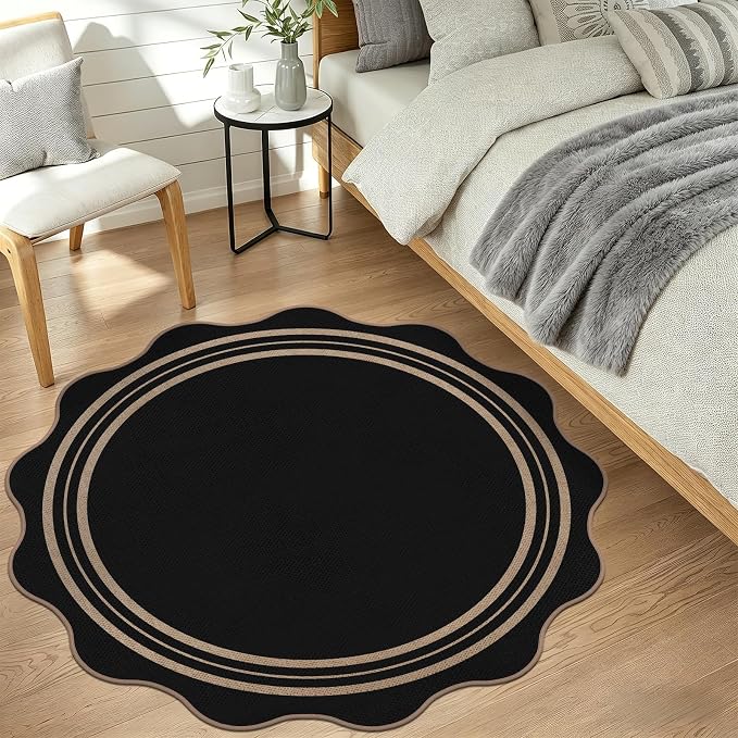 Scalloped Round Entryway Rug 4ft, Indoor Outdoor Patio Rug Washable Farmhouse - Image 7