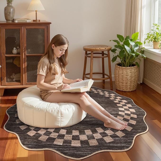 6ft Washable Round Rug for Entryway Modern Checkered Bedroom Circle Rug Non - Image 2