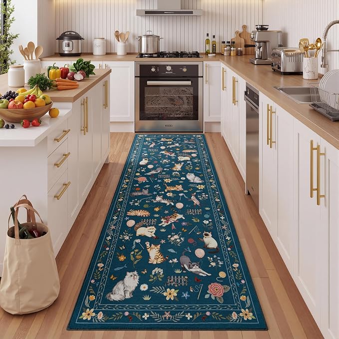Unirea 2.6x8 Dark Blue Cat Runner Rug, Washable Non Slip Botanical Rug - Image 3