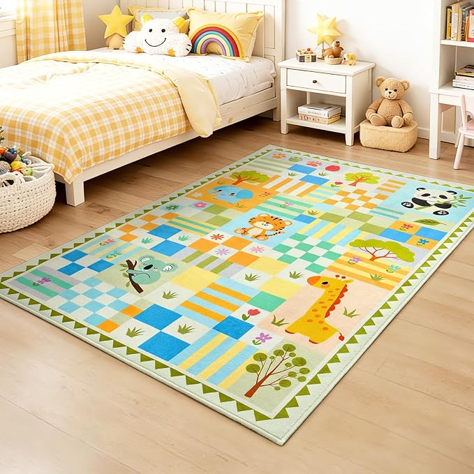 4x6 Washable Kid Playroom Rug, Unisex Green Safari Jungle Woodland Animal - Image 3