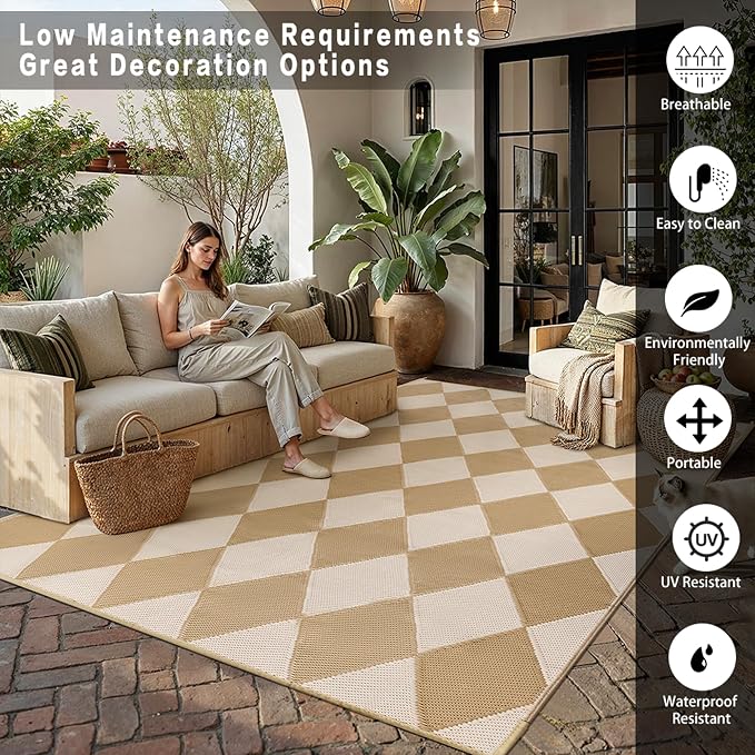 Outdoor Plastic Checkered Rug Waterproof Patio 8x10 Beige Brown Diamond - Image 3