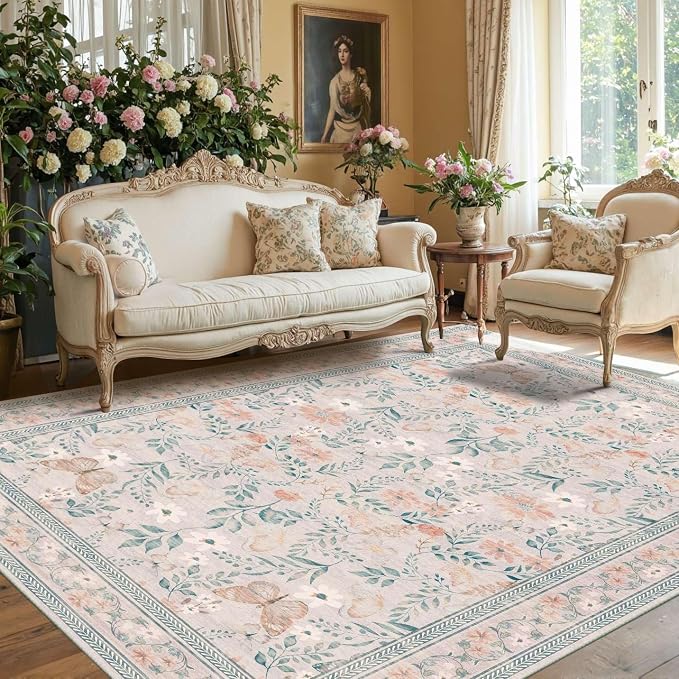Rugxara Pink Floral 5x7 Washable Area Rug, Vintage Boho Non Slip, Low Pile Rugs - Image 3