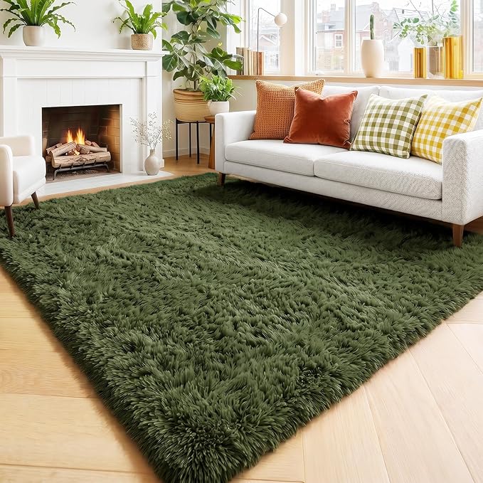 Amdrebio Olive Green Fluffy Area Rugs by Amdrebio