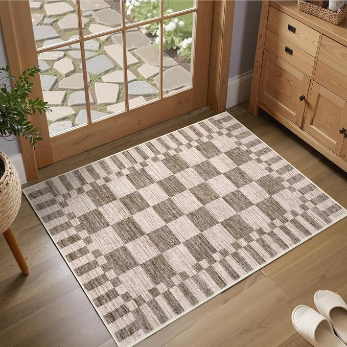 GarveeHome Brown Checkered Rug 2x3 Washable Rug Non-Slip by GarveeHome