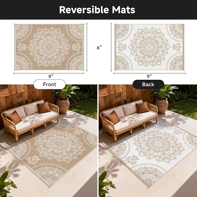 Pauwer Waterproof Outdoor Rug 6x9, Reversible Plastic Straw Patio Camping Rug - Image 2