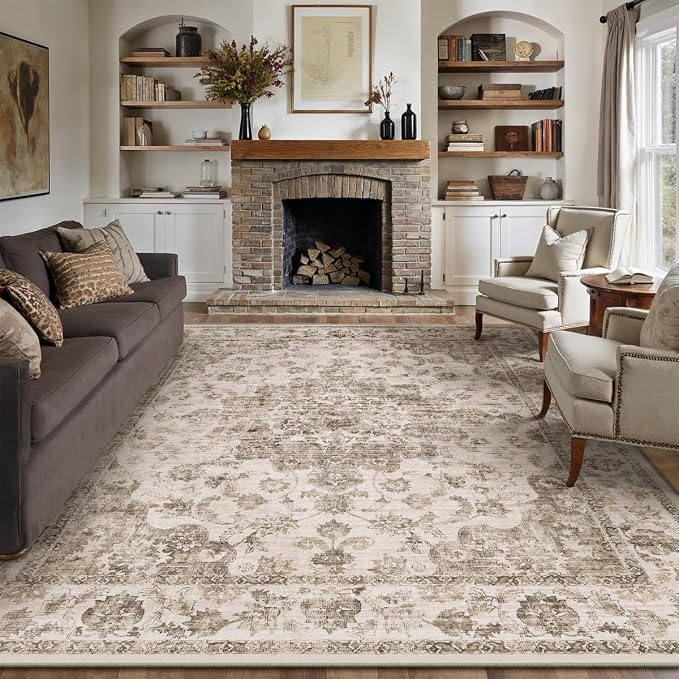 12x15 Neutral Area Rug Brown Vintage Living Room Bedroom Washable Carpet by WondRg