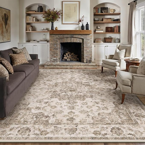 12x15 Neutral Area Rug Brown Vintage Living Room Bedroom Washable Carpet by WondRg