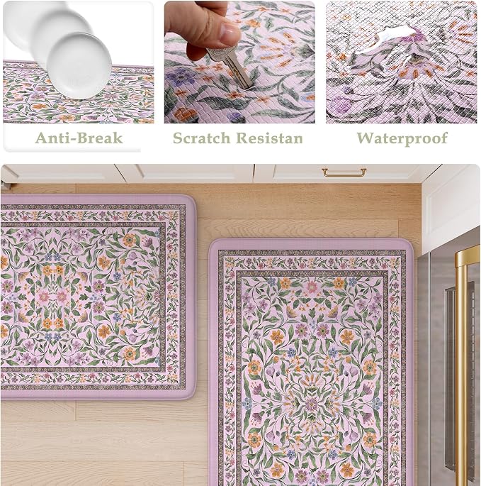 KIMODE Anti Fatigue Kitchen Mats 20"x47"+20"x32", Boho Flora Kitchen Rugs Sets - Image 6