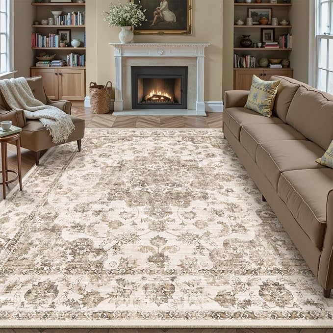 8x10 Washable Neutral Area Rug Brown Vintage Living Room Bedroom Carpet by WondRg