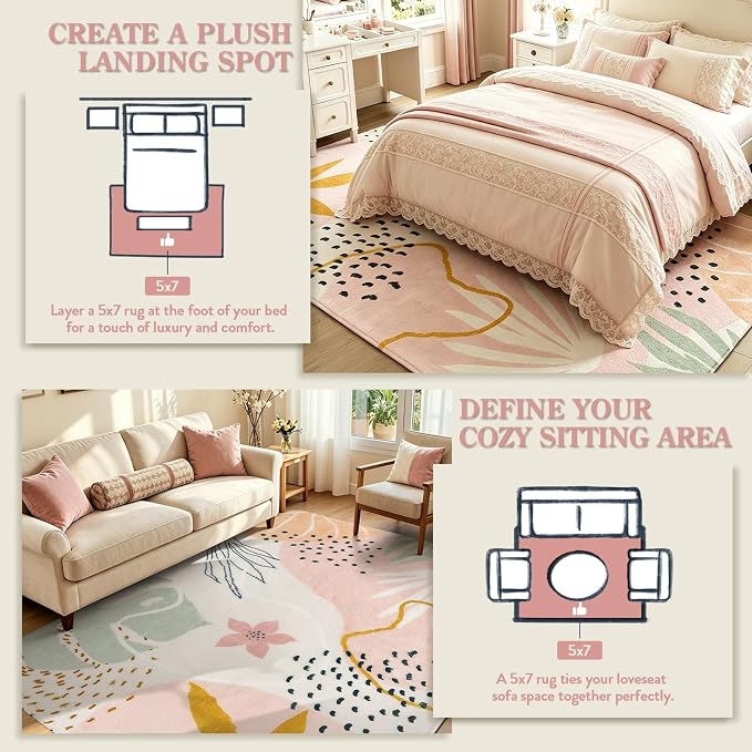 Lahome Pink Boho Living Room Rug 6x9, Washable Non Slip Soft Botanical Area Rug - Image 7