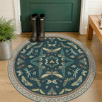 Teal Boho 4ft Round Area Rug, Washable Non Slip Insect & Floral Carpet by HazoHaus