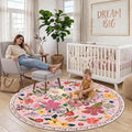 Latte&Fog Pink Floral Round Area Rug 6ft, Washable Vintage Circle Floral Rug by LatteFog