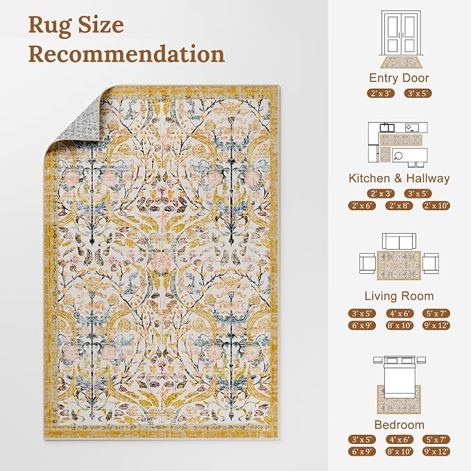 AMTOVO 5x7 Washable Area Rugs for Bedroom, Vintage Boho Floral Distressed Print - Image 8