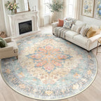 RELEANY Area Rugs Round 8ft Washable Non-Slip, Floral Vintage Distress by RELEANY