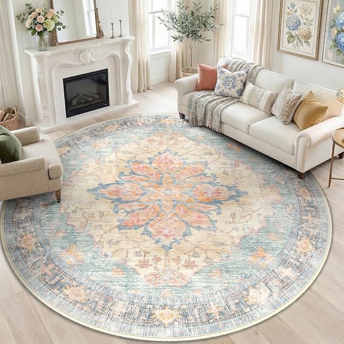 RELEANY Area Rugs Round 8ft Washable Non-Slip, Floral Vintage Distress by RELEANY