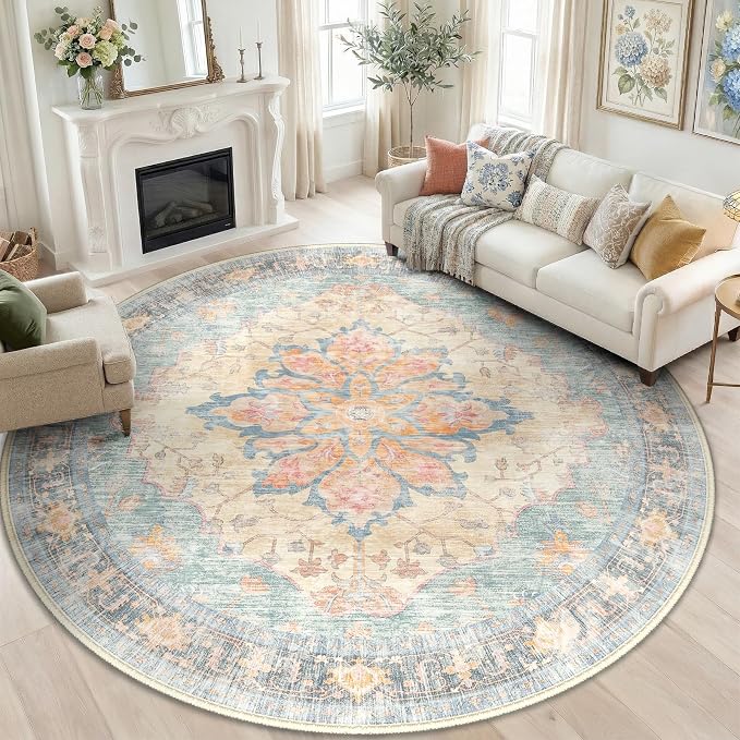 RELEANY Area Rugs Round 6ft Washable Non-Slip, Floral Vintage Distress by RELEANY