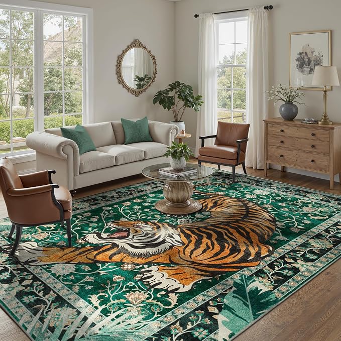 DCX Washable 9x12 Tiger Area Rug, Soft Low Pile Carpet, Kid & Pet Friendly by DCXWashableRug