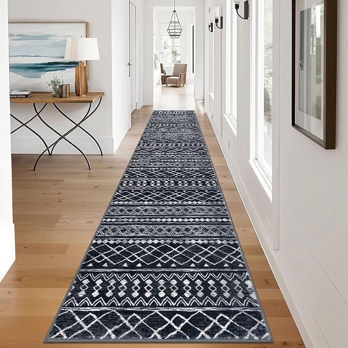 KUTA Hallway Runner Rug 2.6x12 Non-Slip Washable, Moroccan Vintage Black Boho - Image 3