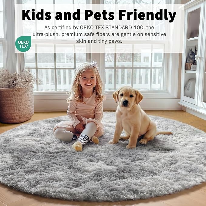 ONASAR Round Rugs 5ft for Bedroom Living Room, Fluffy Tie-Dyed Light Grey - Image 4