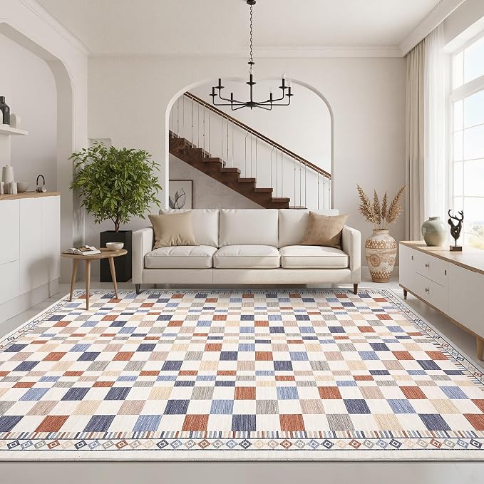 GarveeHome 6x9 Washable Rug for Living Room Checkered Non-Slip Throw Rug Low - Image 7