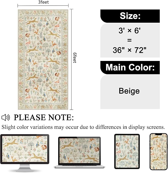 DUKINO 3x6 Washable Runner Rug, Low Pile Animal Print Non Slip Runner Rug - Image 2