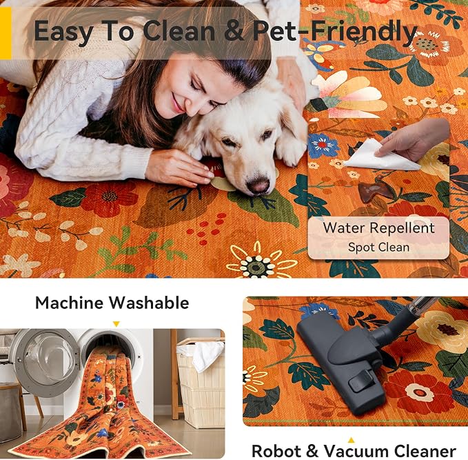 RELEANY Floral 5x7 Area Rugs Washable Print Boho Cute Carpet Non Slip Flower - Image 5