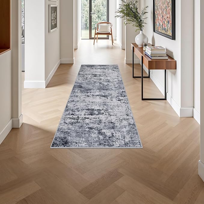 2'x5'Runner Rug Washable Rug: Modern Abstract Soft Thin Runner Rug Grey - Image 4