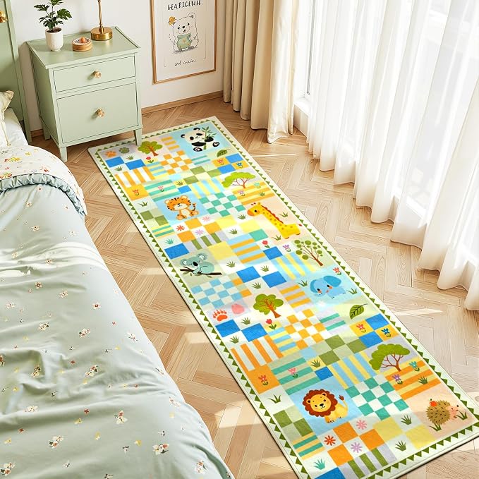 Green Runner Rug for Kids Bedroom, Kids Hallway Washable Rug, Soft Non-Slip - Image 3