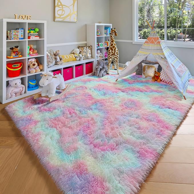 ONASAR Rainbow Area Rugs for Girls Bedroom, 4x6 Fluffy Bedside Colorful Rug by ONASAR