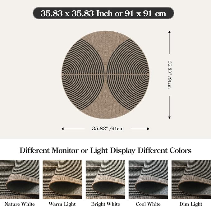 Lahome Enfys Modern Rainbow Round Rug, 3ft Small Washable Circle Carpet Natural - Image 2