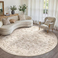 8x8 Washable Neutral Round Rug Beige Vintage Living Room Bedroom Circle Rug by WondRg