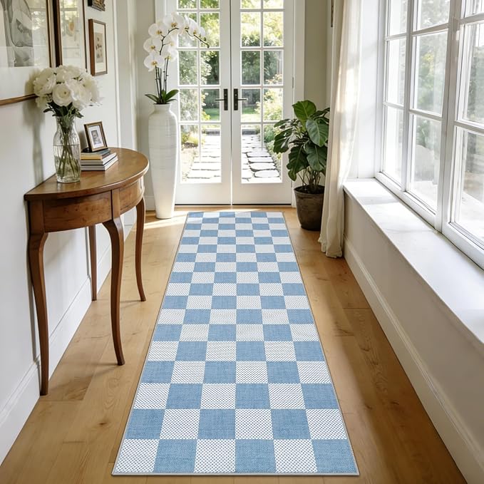 GarveeHome Checkered Light Blue and White 2x6 Washable Kitchen Runner Rug - Image 2
