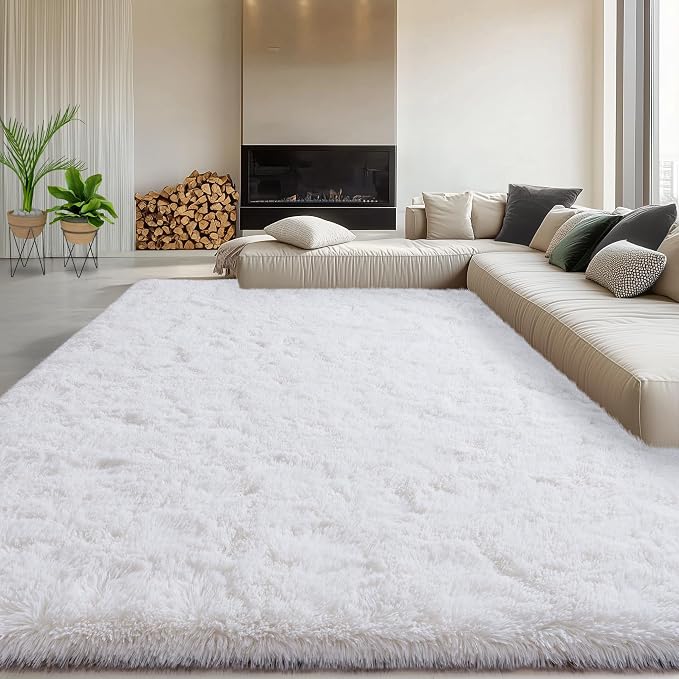 8x10 Fluffy Rugs for Living Room, Soft Large White Shag Area Rug Carpet for by WISHTREE