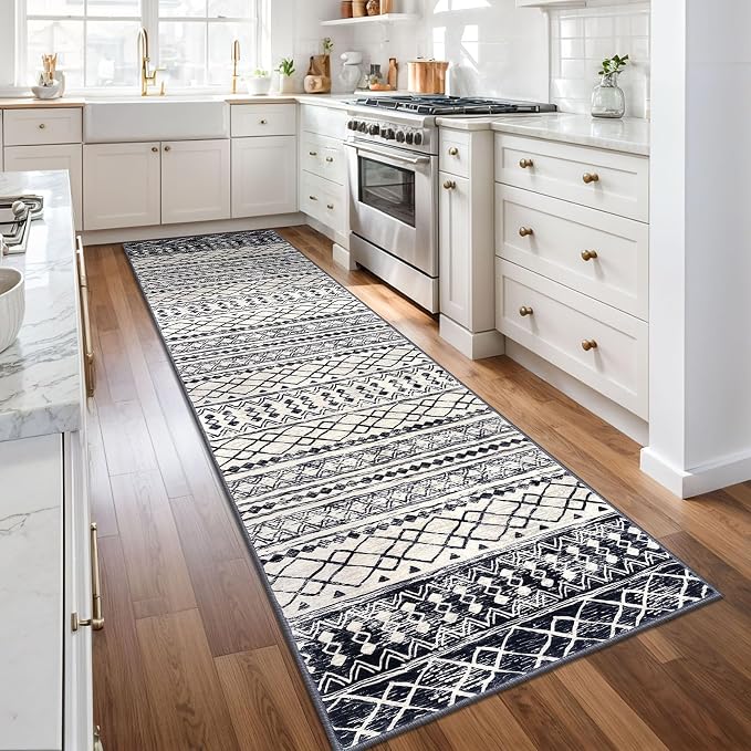 KUTA Moroccan Washable Runner Rug, 2.6x10 Non-Slip Vintage Black Navy Blue Boho - Image 2