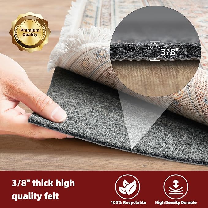 BAGAIL Felt and Natural Rubber Backing Rug Pads 3/8” Thick, 10 x 14 Ft Non Slip - Image 3