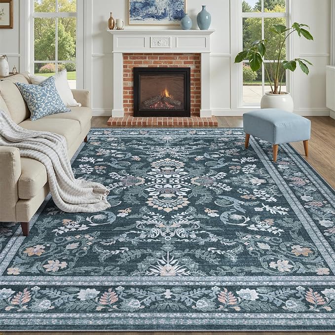 DCX Navy Blue 8x10 Area Rug, Machine Washable Non Slip Stain Resistant Soft by DCXWashableRug
