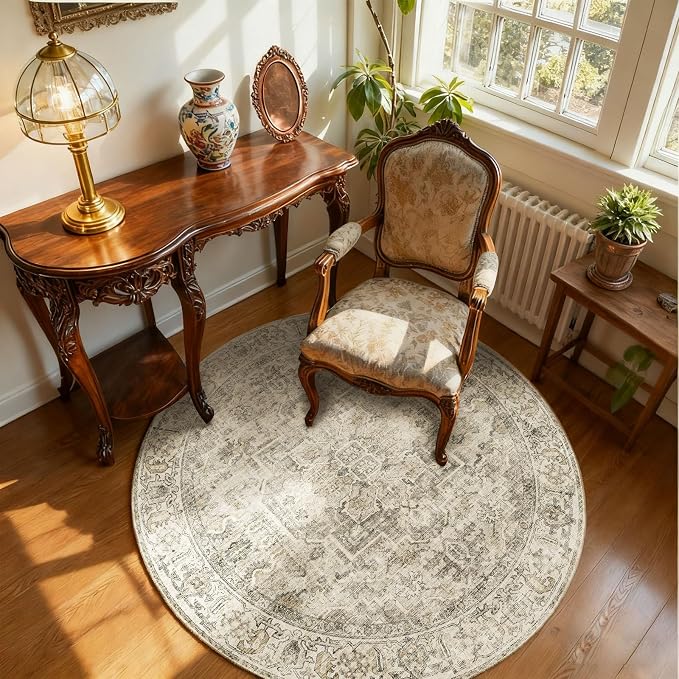 4x4 Round Bedroom Rug Washable: Living Room Rug Stain Resistant Non Slip Low - Image 2