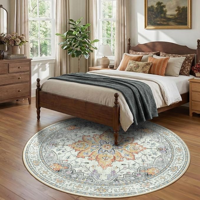 RELEANY Area Rugs Round 7ft Washable Non-Slip, Floral Vintage Distress - Image 2