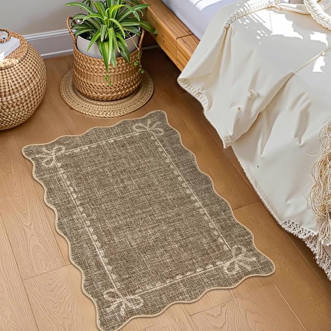 GarveeHome Scalloped Bow Rug for Kitchen Floor, Solid Brown Rug for Dorm - Image 2