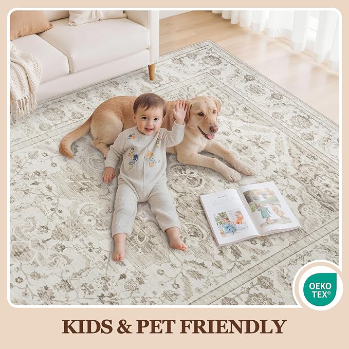 5x7 Area Rugs for Living Room:Beige Washable Vintage Medallion Carpet Non-Slip - Image 5