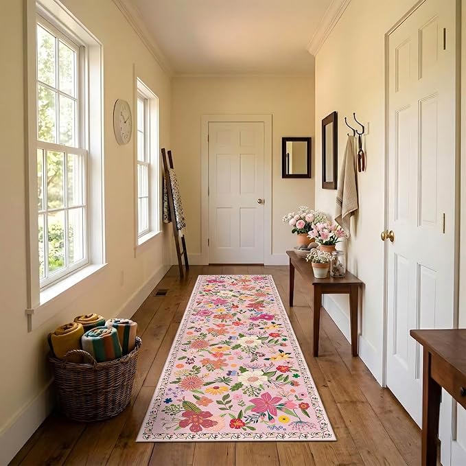 Latte&Fog Pink Washable Hallway Runner Rug 2x6, Non Slip Low Pile Vintage Rugs - Image 2
