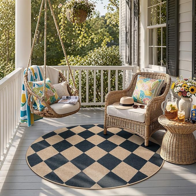 Lahome Colette Checkered Round Entryway Rug 4ft, Circle Indoor Outdoor Patio by Lahome