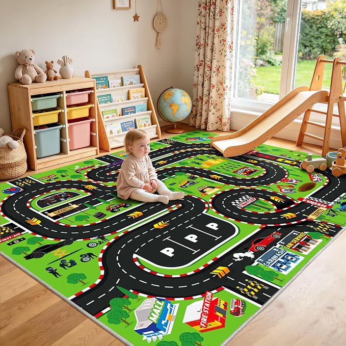 8x10 Ft Kids Race Track Car Rug Play Mat, Washable Non-Slip Large Playroom Rugs - Image 6