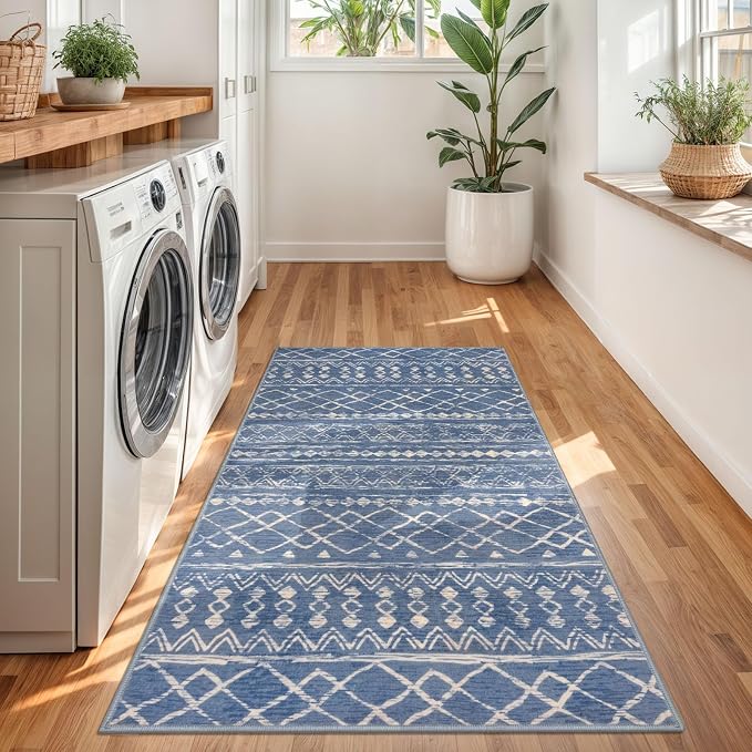 KUTA 3x5 Boho Area Rug for Living Room, Moroccan Blue Beige Washable Kitchen - Image 3