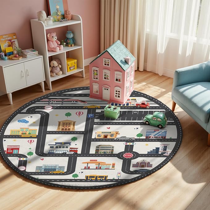 3.3ft Round Kids City Road Car Play Rug by Nayoroom