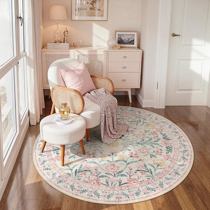 Wonnitar Pink Floral Round Rugs 5ft, Soft Circle Rug Non Slip Washable Round - Image 4